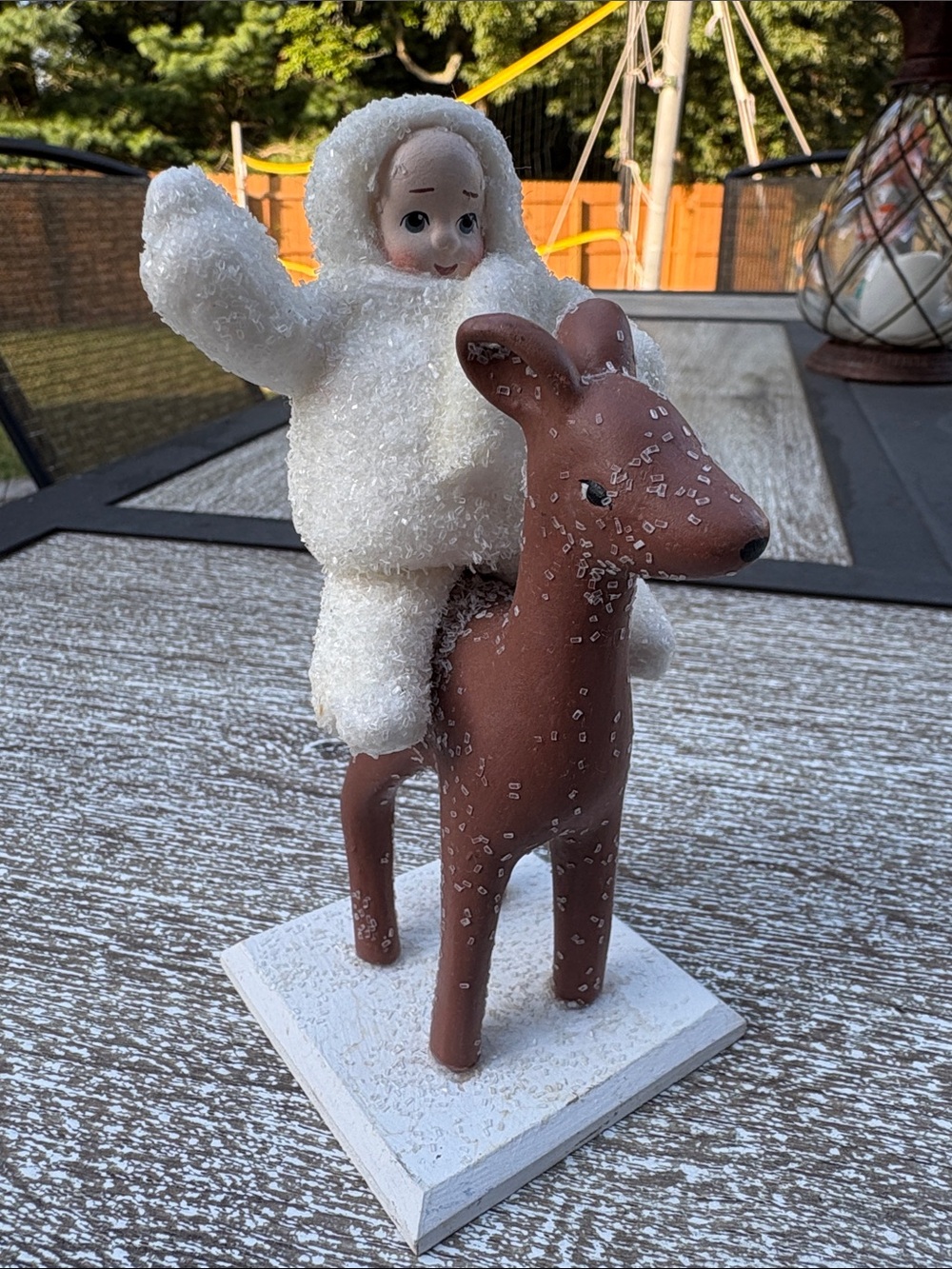 Snow angel White Eskimo Figurine Riding Brown Deer - Home Accent